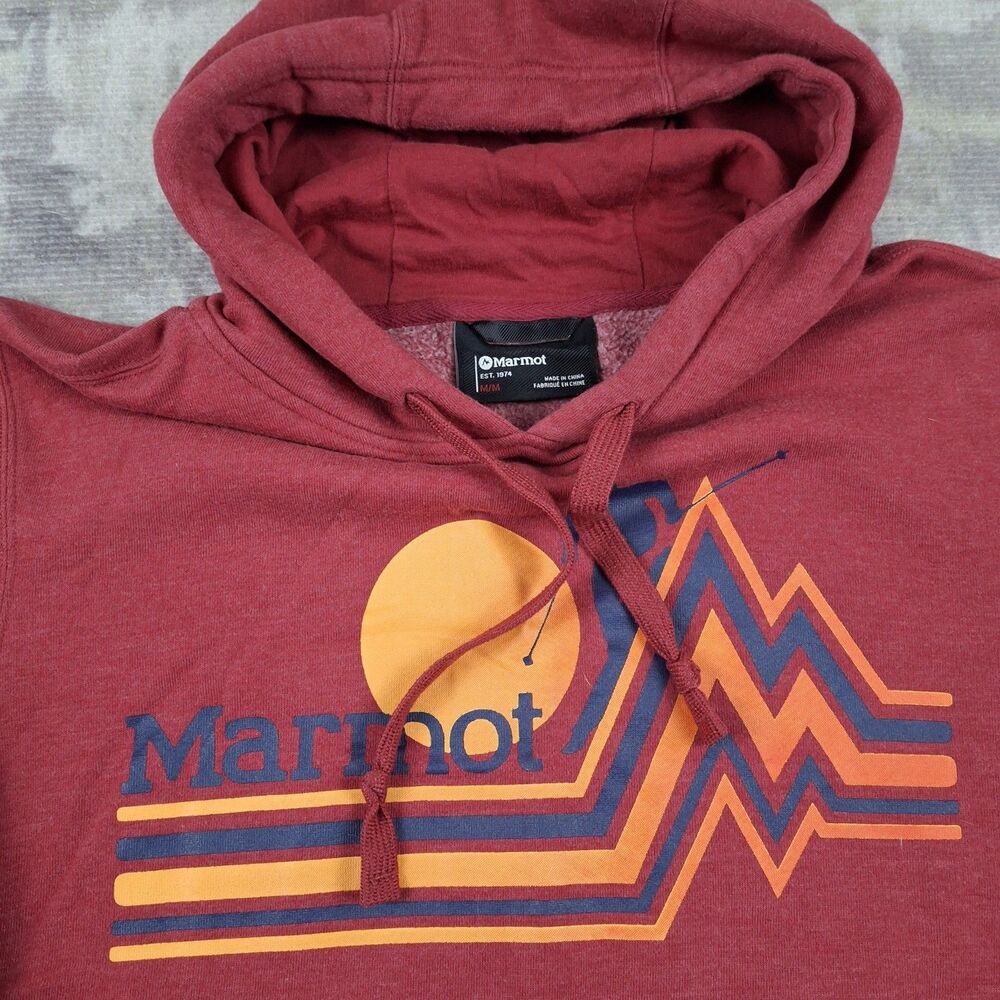 Marmot Hoodie Mens Medium M Burgundy Red Retro Mountain Graphic Pullover